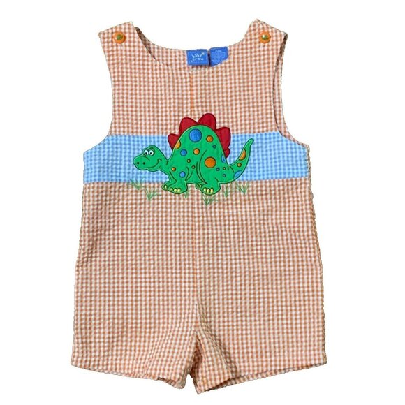 Vintage Dinosaur Orange Gingham Shorts Romper Jumper Checkered Baby Crew 24 M - Picture 1 of 13
